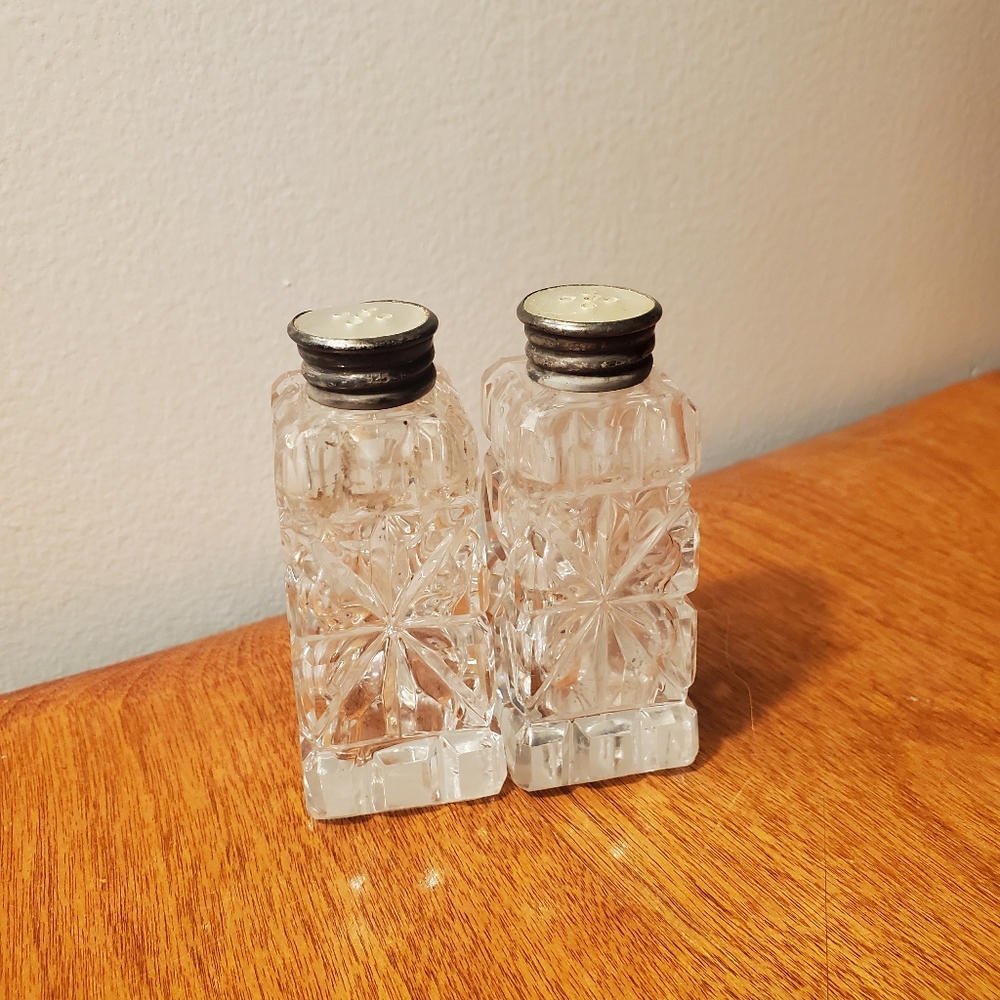 Crystal Salt & Pepper/sterling Collar/mother Of Pearl/Antique cut crystal